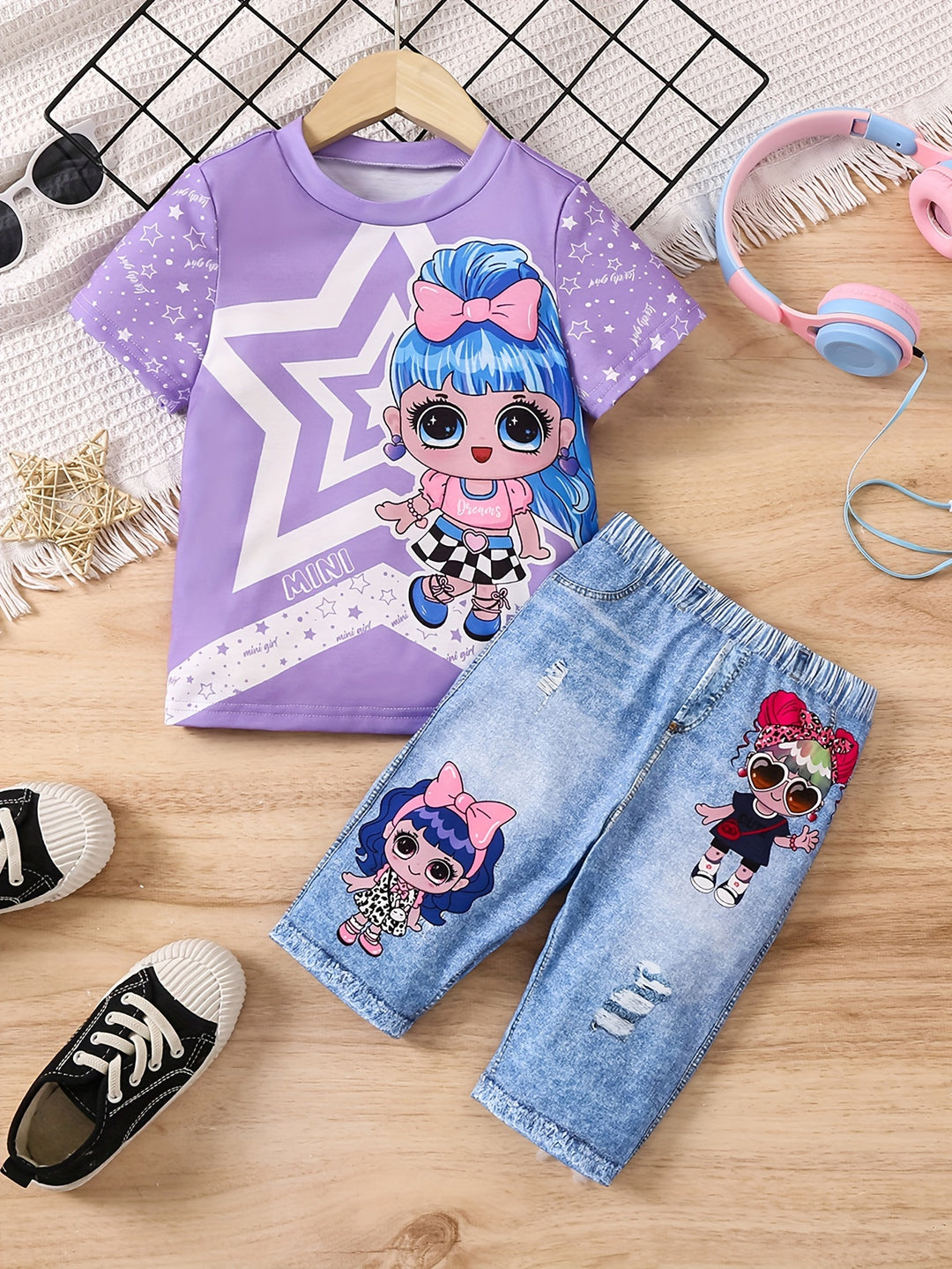 Girls Short Sleeve Star Girl Cartoon T-Shirt and Shorts Outfits - Gen U Us Products