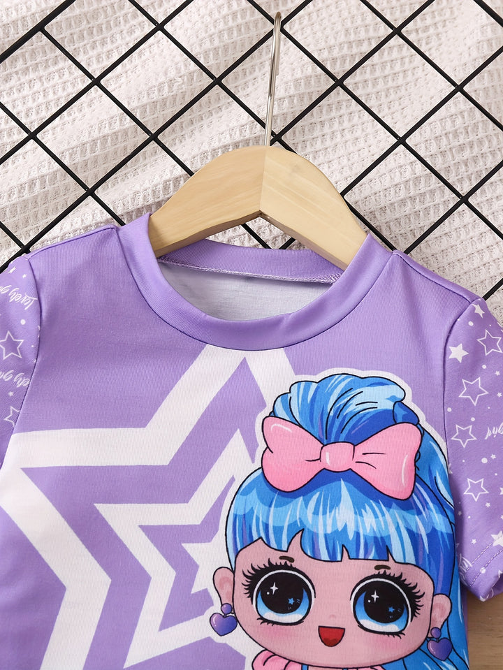 Girls Short Sleeve Star Girl Cartoon T-Shirt and Shorts Outfits - Gen U Us Products