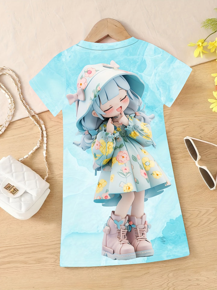 Girls Y2K 3D Anime Print Short Sleeve T-Shirt Dress - Gen U Us Products
