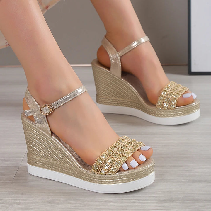 Gold Silver Glitter Buckle Strap Chunky Platform Wedge Sandals - Gen U Us Products