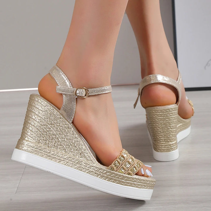 Gold Silver Glitter Buckle Strap Chunky Platform Wedge Sandals - Gen U Us Products