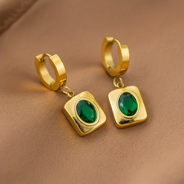 Golden Emerald Zircon Pendant Necklace & Earrings Jewelry Set 