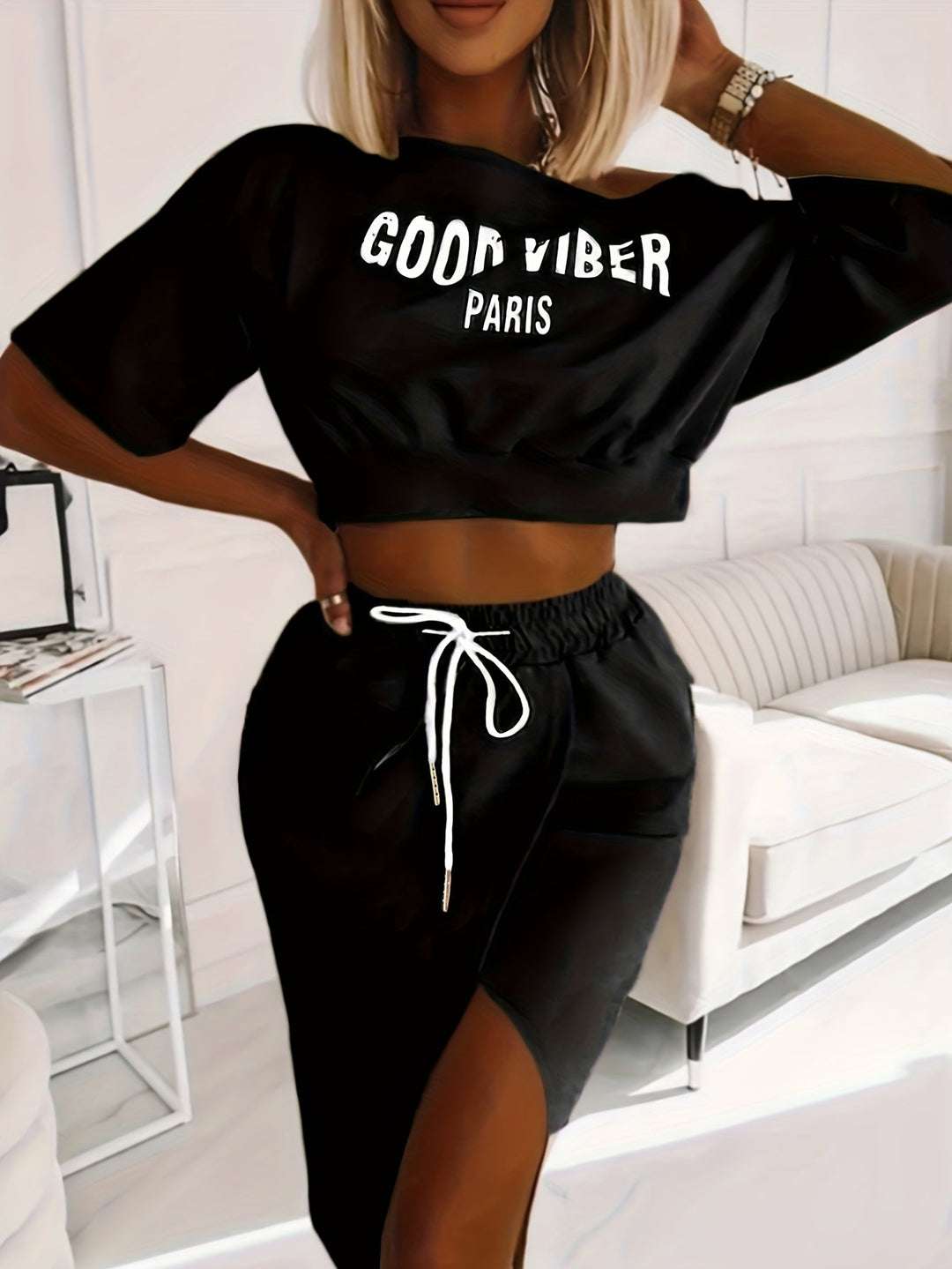 Good Viber Print Short Sleeve Top and Knee Length Skirts L-5XL 