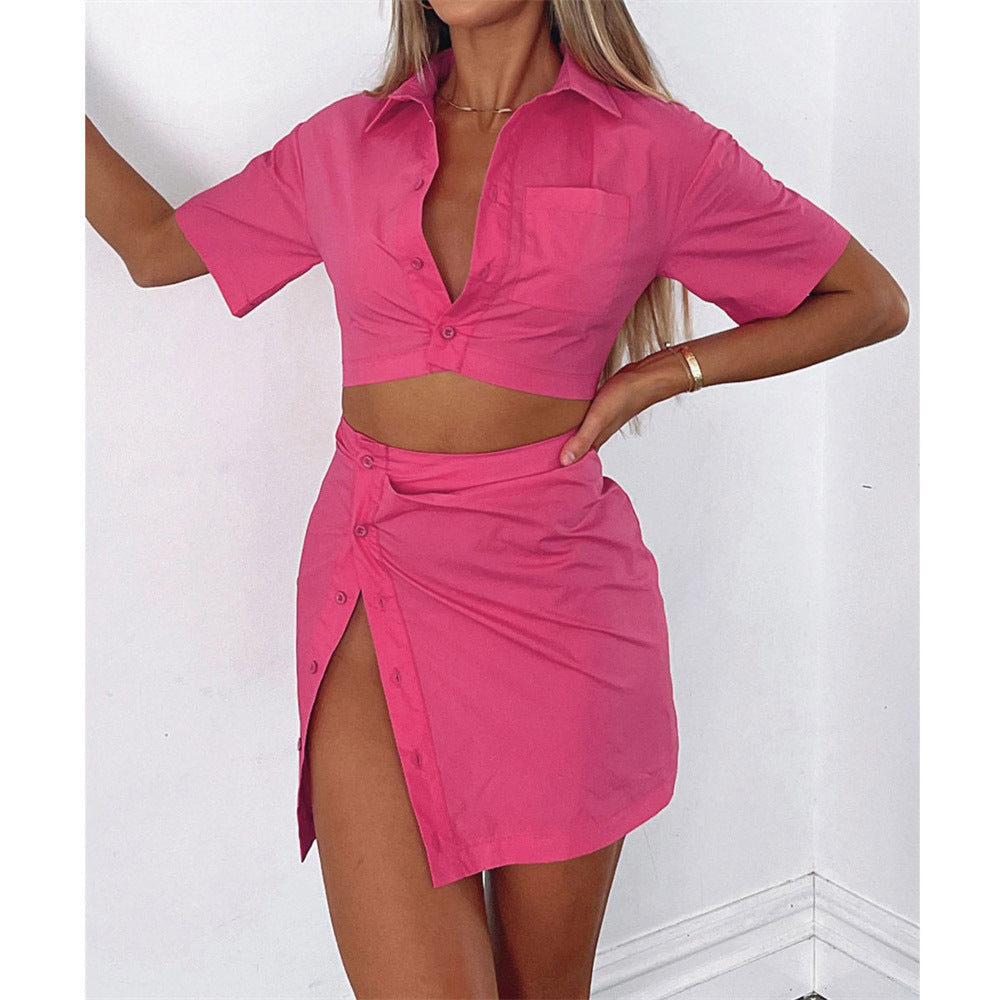 Gorgeous Snug Fit Collared Short Sleeve Crop Top and Skirt 