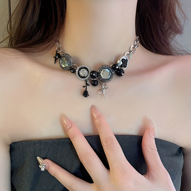 Gothic Design Black Rhinestone Flower Beaded Necklace - Gen U Us Products