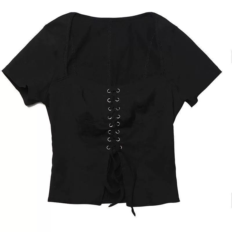 Gothic Punk Slimming Chest Tie Straps Short-sleeved Crop Tops - Gen U Us Products