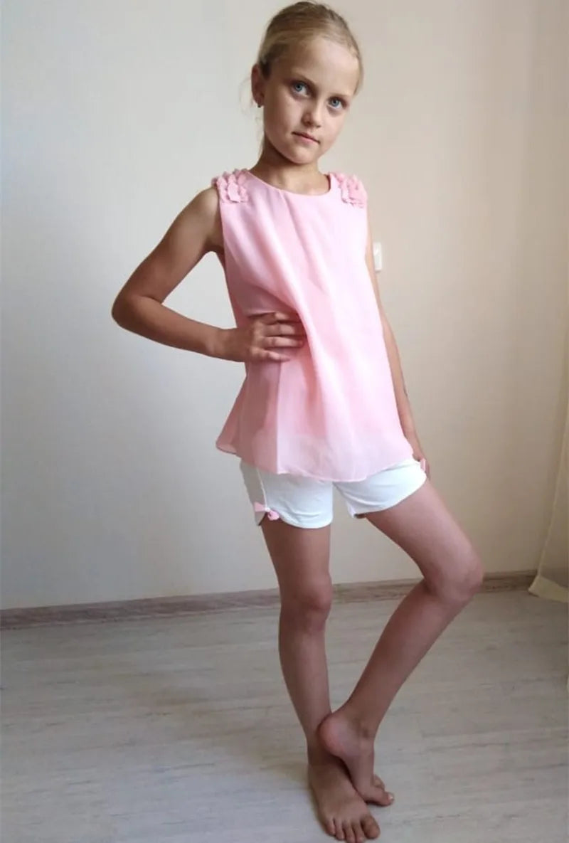 Soft Airy Sleeveless Bow Flower T-shirt and Shorts Outfits