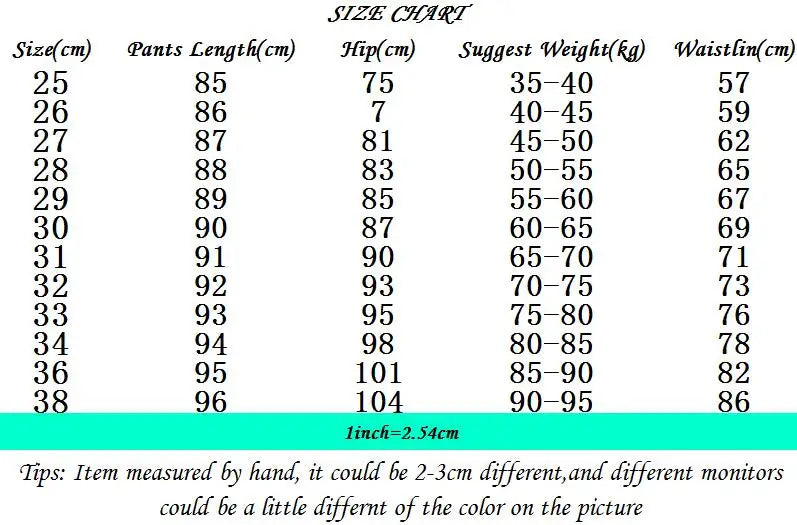Size chart for pants with measurements in centimeters and suggested weight.