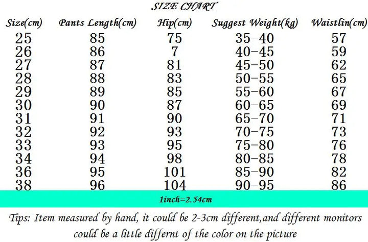 Size chart for pants with measurements in centimeters and suggested weight.