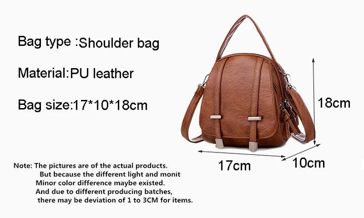 Brown shoulder bag with measurements on a white background
