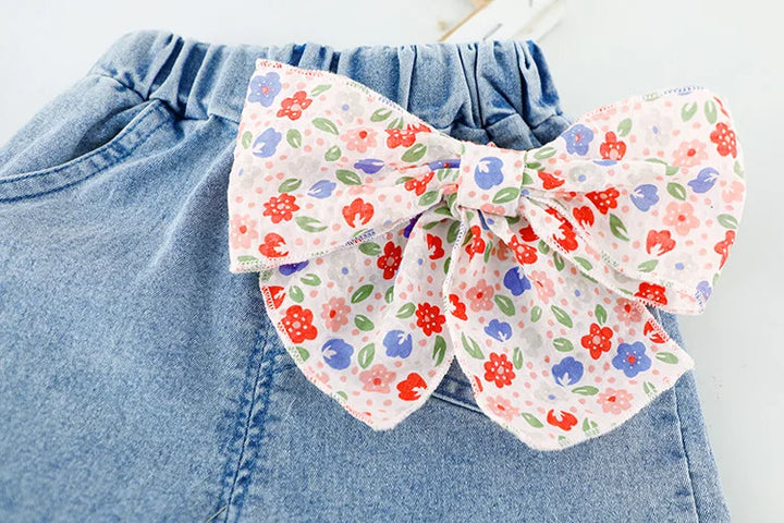 Summer Pretty Floral Sling Shirt and Bow Denim Shorts