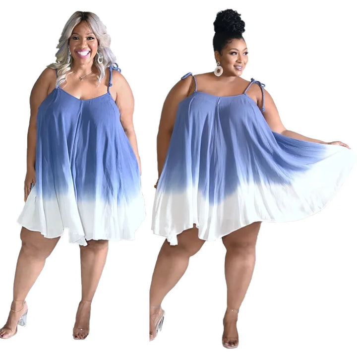 Summer Sleeveless Spaghetti Straps Blue & White Swinging Mini Dresses