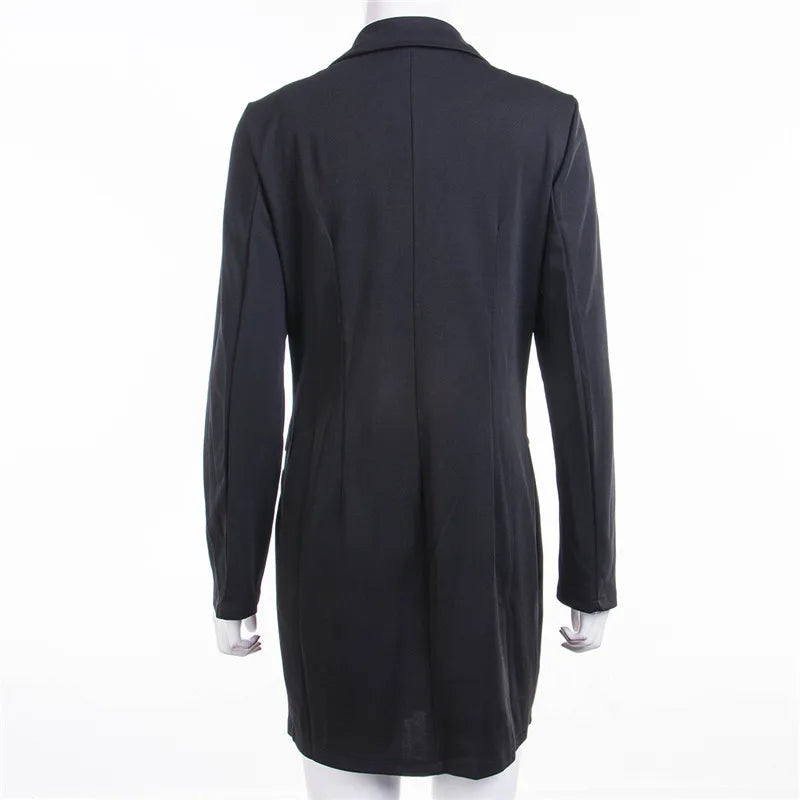 V-neck blazer dress, black, back view with long sleeves and tailored shape