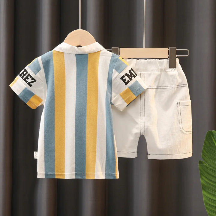 Summer Short Sleeves Striped Polo-Shirt and Shorts Sets