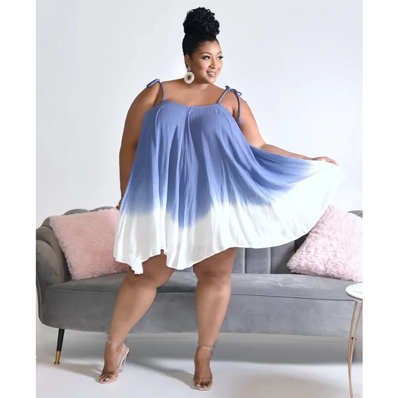Summer Sleeveless Spaghetti Straps Blue & White Swinging Mini Dresses