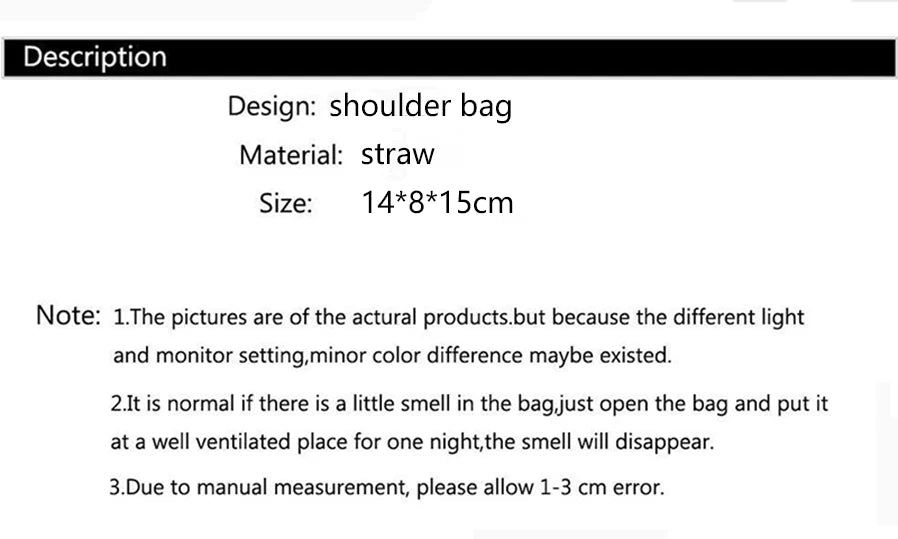 Product description card with straw shoulder bag design, size, and care notes