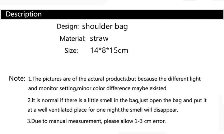 Product description card with straw shoulder bag design, size, and care notes
