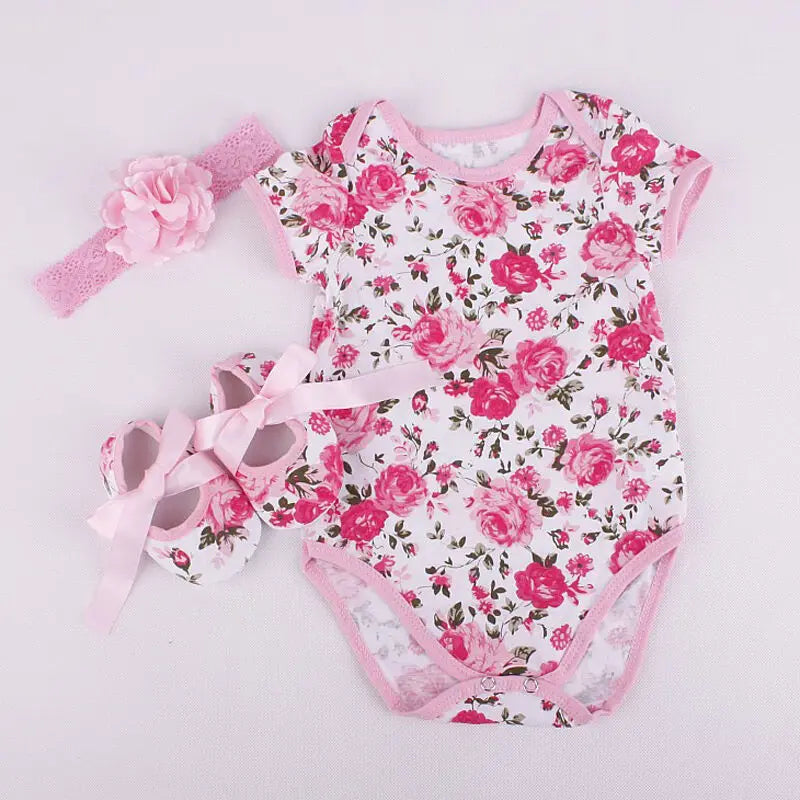 3Pcs Floral Short Sleeve  Romper and Shoe with Headband Set