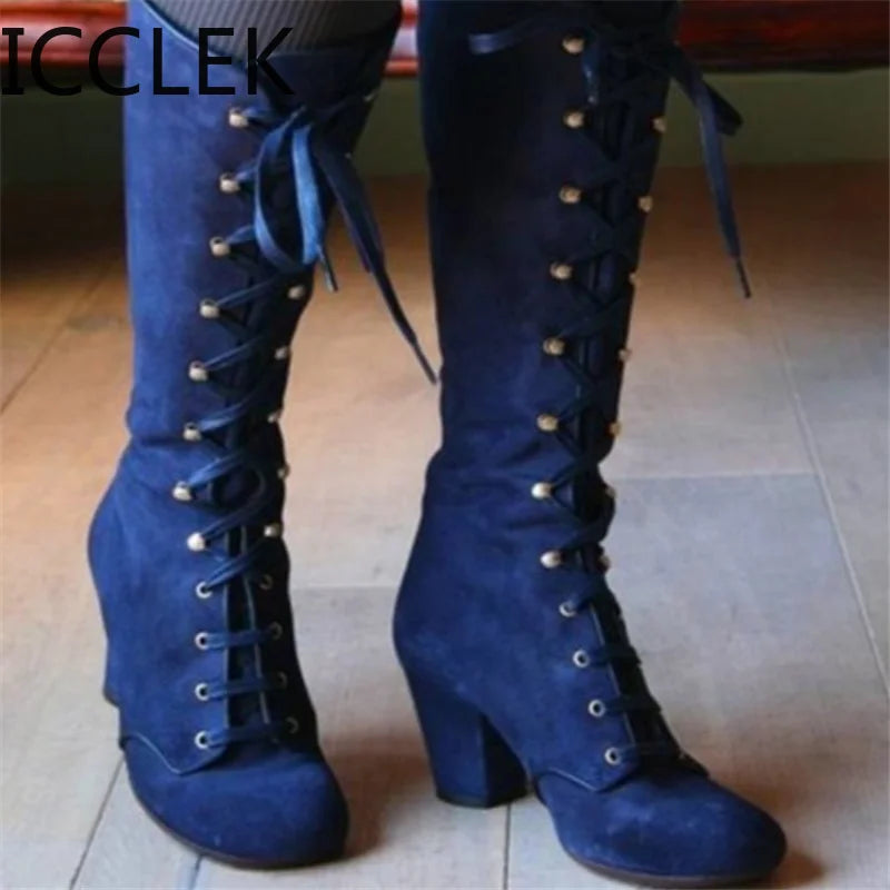 Vintage Cowboy Lace-up Knee High Chunky High Heel Boots