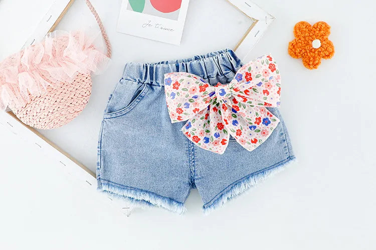 Summer Pretty Floral Sling Shirt and Bow Denim Shorts