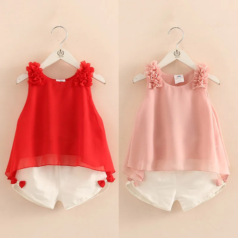 Soft Airy Sleeveless Bow Flower T-shirt and Shorts Outfits