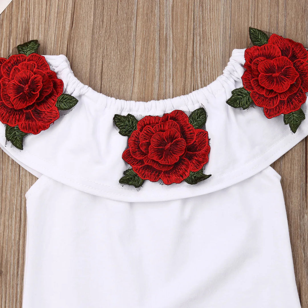 Off Shoulder Rose Flower Top and Denim Shorts Outfit