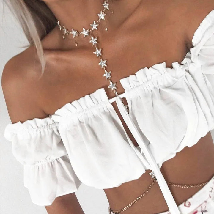 Weißes Off-Shoulder Rüschen-Crop-Top mit Laternenärmeln, geraffter Brust
