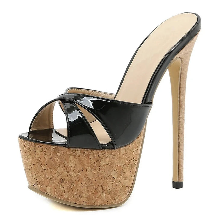 Patent Leather Peep Toe Turned-Over Edge Super High Heel Shoes