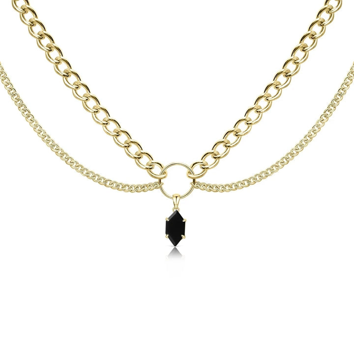 Gold-tone double-chain necklace with dark crystal teardrop pendant at center.