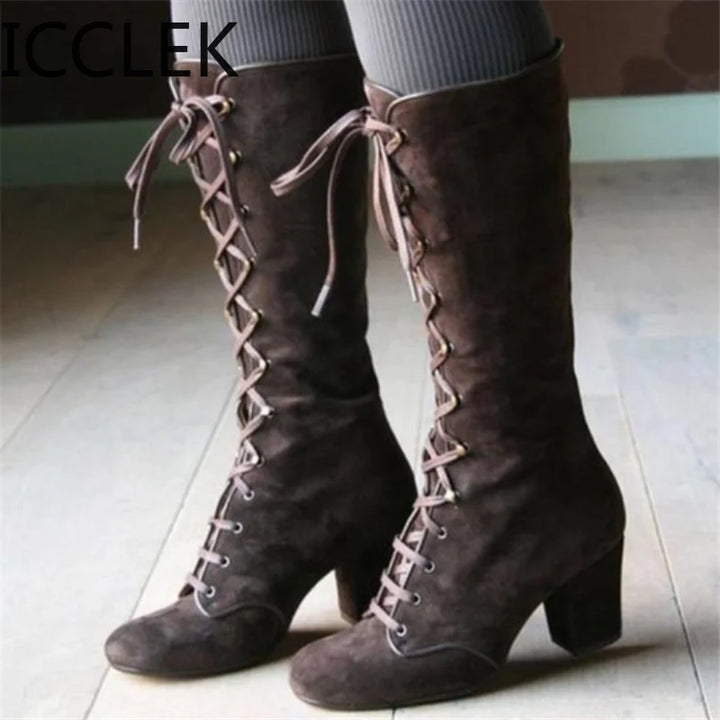 Vintage Cowboy Lace-up Knee High Chunky High Heel Boots