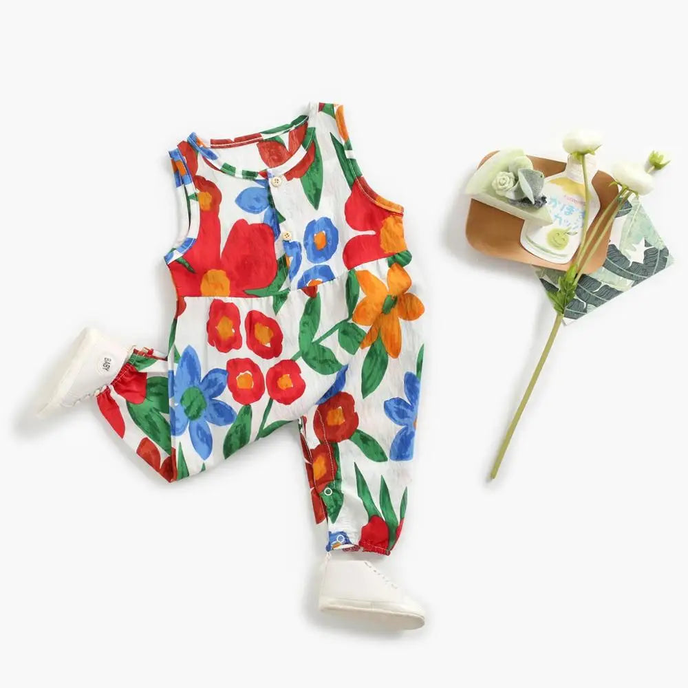 Summer Sleeveless Cotton Flower Child Jumpsuits