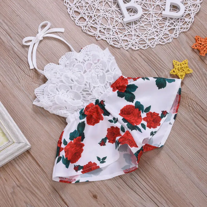 Vibrant Flowers Lace Detail Sleeveless One-Piece Rompers