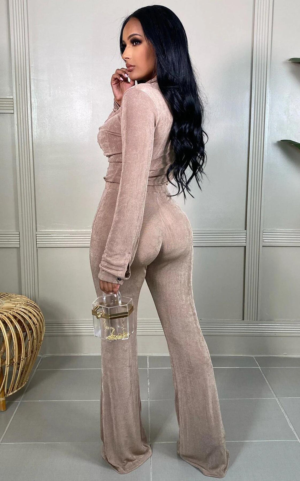 High Fashion Plush Velvet V-Neck Crop Top and Pants 