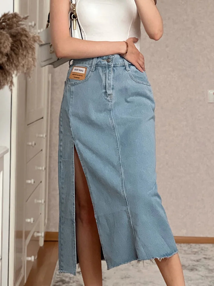 High Midsection Side Cut Long Denim Skirts - Gen U Us Products