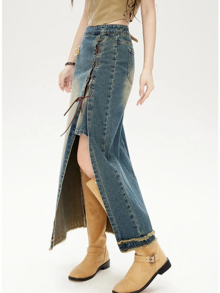 High Waist Irregular Slit Bandage Long Denim Skirts with Raw Edge - Gen U Us Products