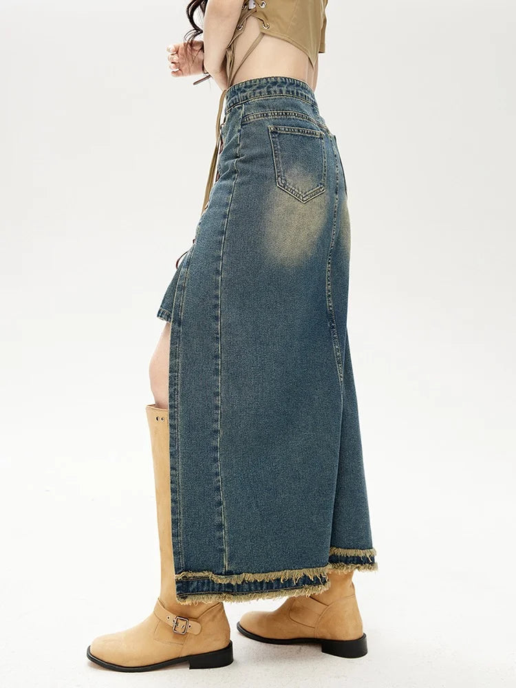 High Waist Irregular Slit Bandage Long Denim Skirts with Raw Edge - Gen U Us Products