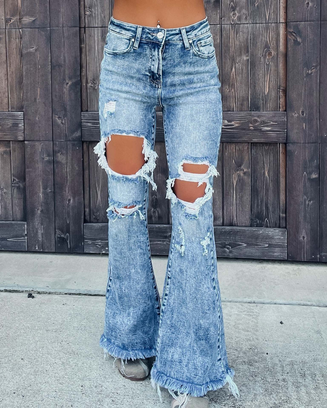 High Waist Ripped Broken Tassel Flare Denim Jeans - Gen U Us Products