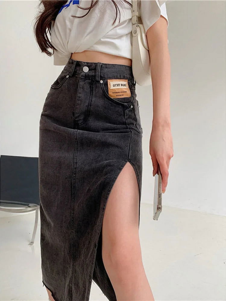 High Midsection Side Cut Long Denim Skirts - Gen U Us Products -  