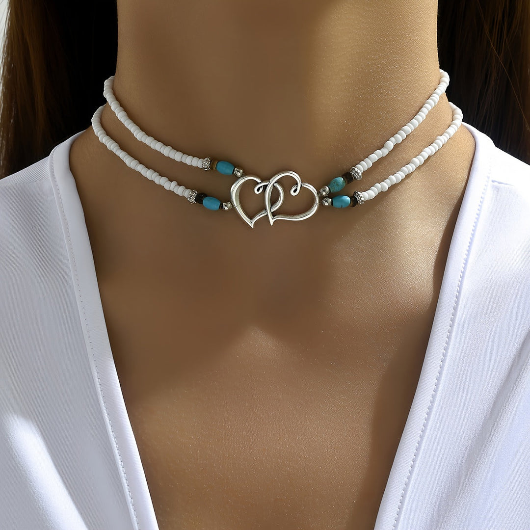 Hollow Heart Pendant Double Layer Beads Choker Necklace 