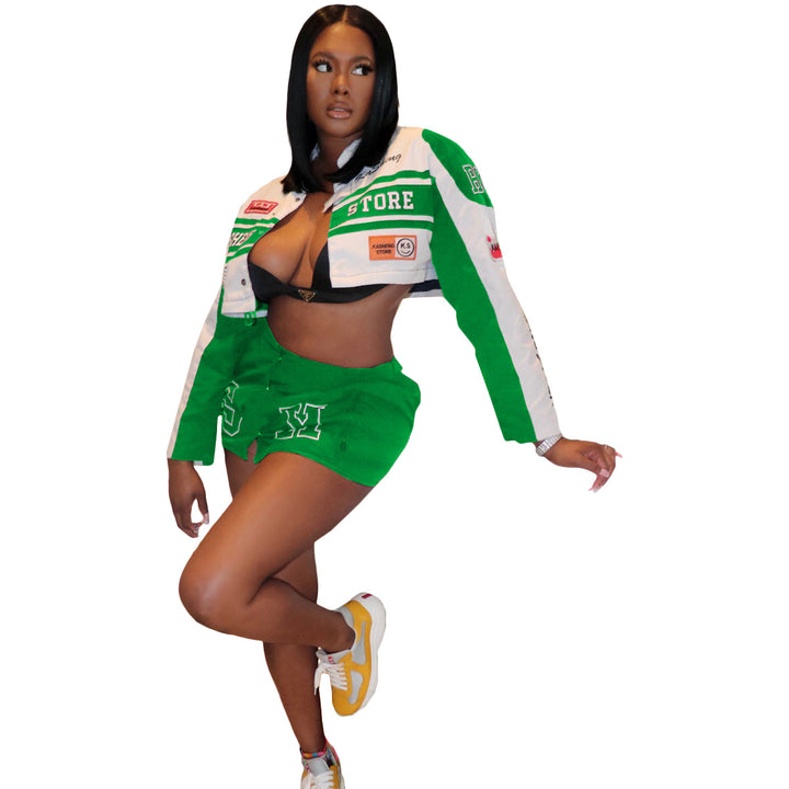 Hot Girl Retro Detachable Motorcycle Varsity Crop Jacket Skirt Suits - Gen U Us Products