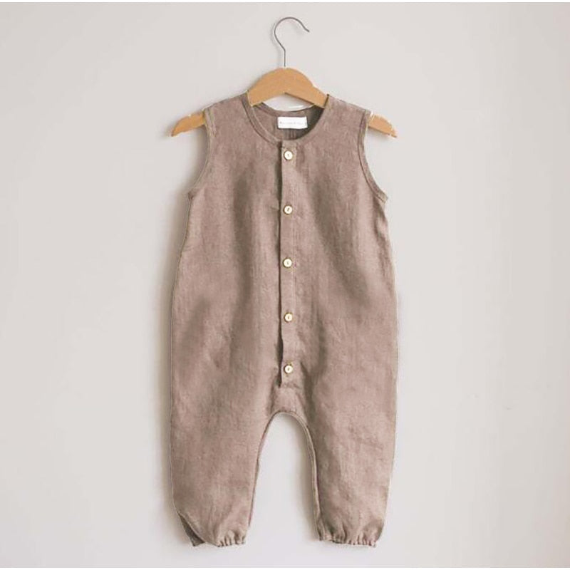 Infant Baby Girls 100% Cotton Linen Sleeveless Button Jumpsuits 