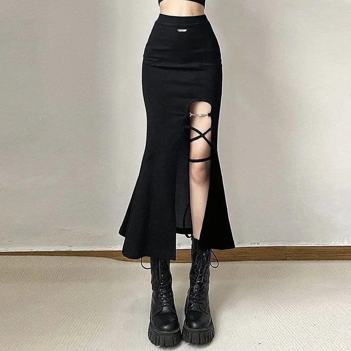 Irregular Side Lace Up Slit High Waist Mid-Calf Bandage Skirts - Gen U Us Products
