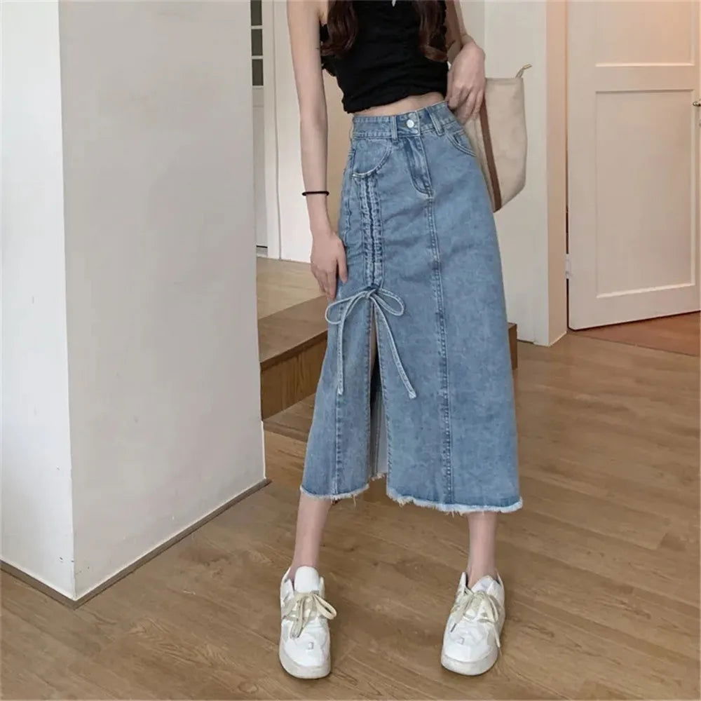 Irregular Hem Side Slit Long Denim Slim Waist Skirts - Gen U Us Products -  