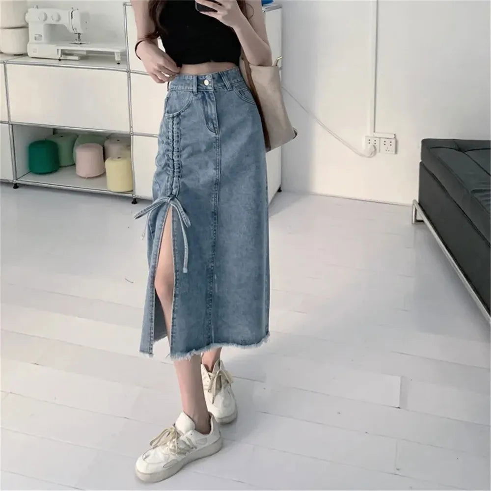 Irregular Hem Side Slit Long Denim Slim Waist Skirts - Gen U Us Products -  