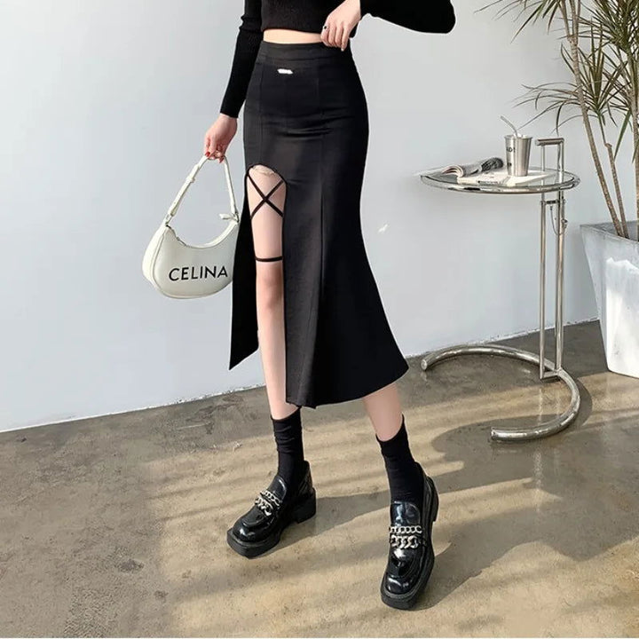 Irregular Side Lace Up Slit High Waist Mid-Calf Bandage Skirts - Gen U Us Products -  