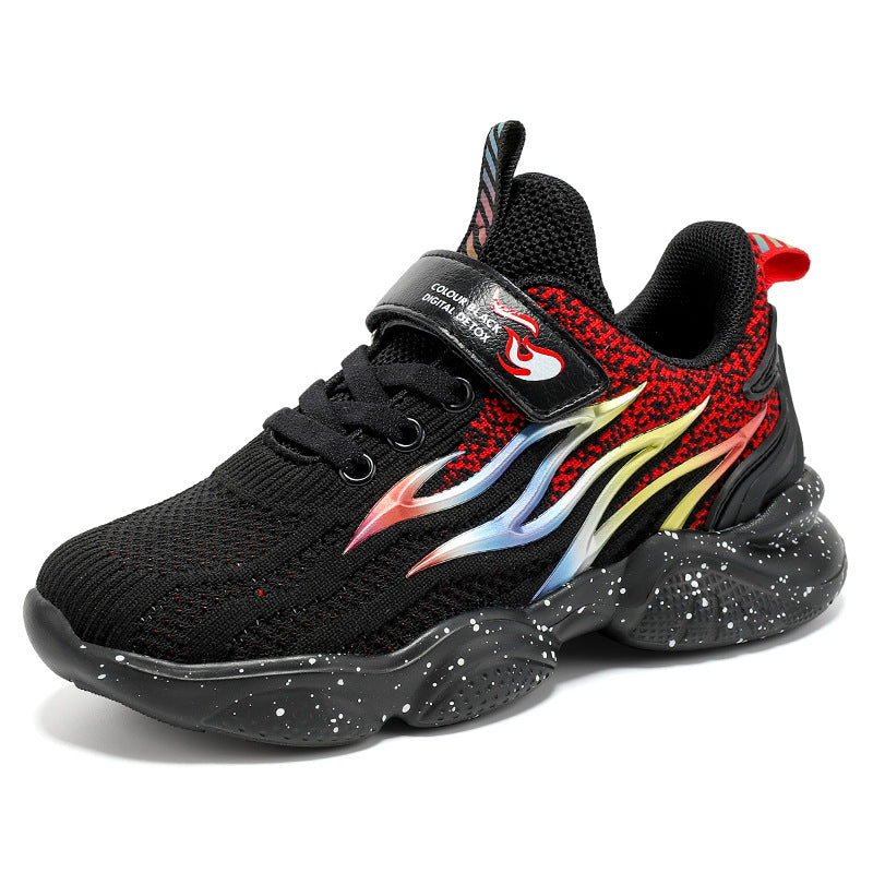 Kid Boys Mesh Sneakers with Soft Soles and Fire Graphics 