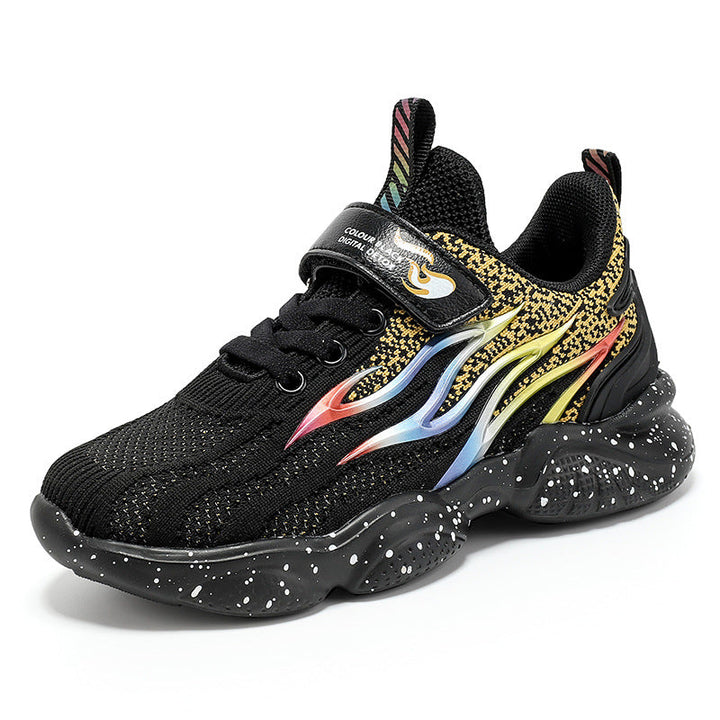 Kid Boys Mesh Sneakers with Soft Soles and Fire Graphics 
