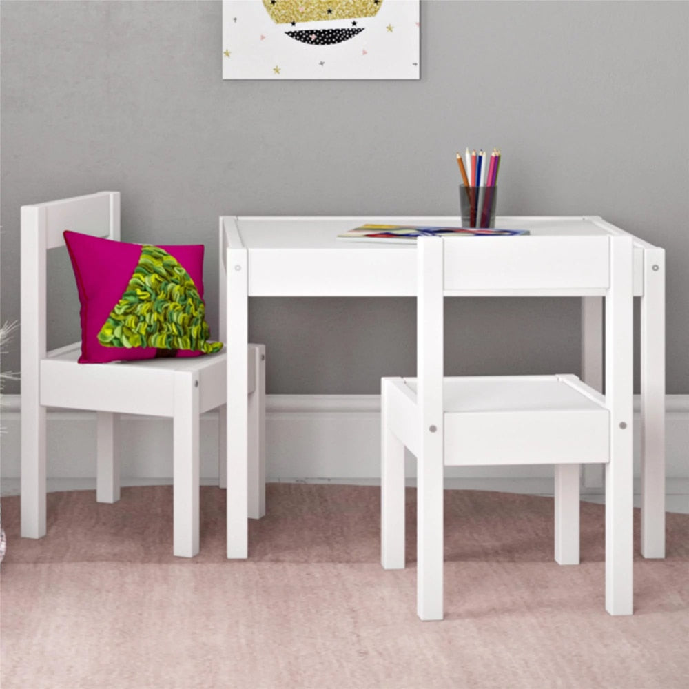 Kid's Sturdy 3-Piece Wooden Kiddy White Table and Chair Set 