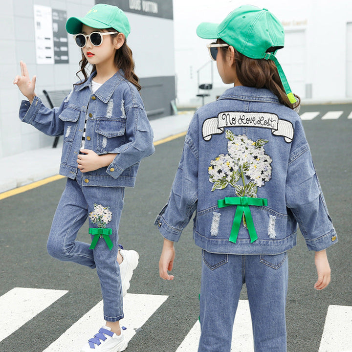 Lapel Cross-border Denim Jackets with Flowers Patches 