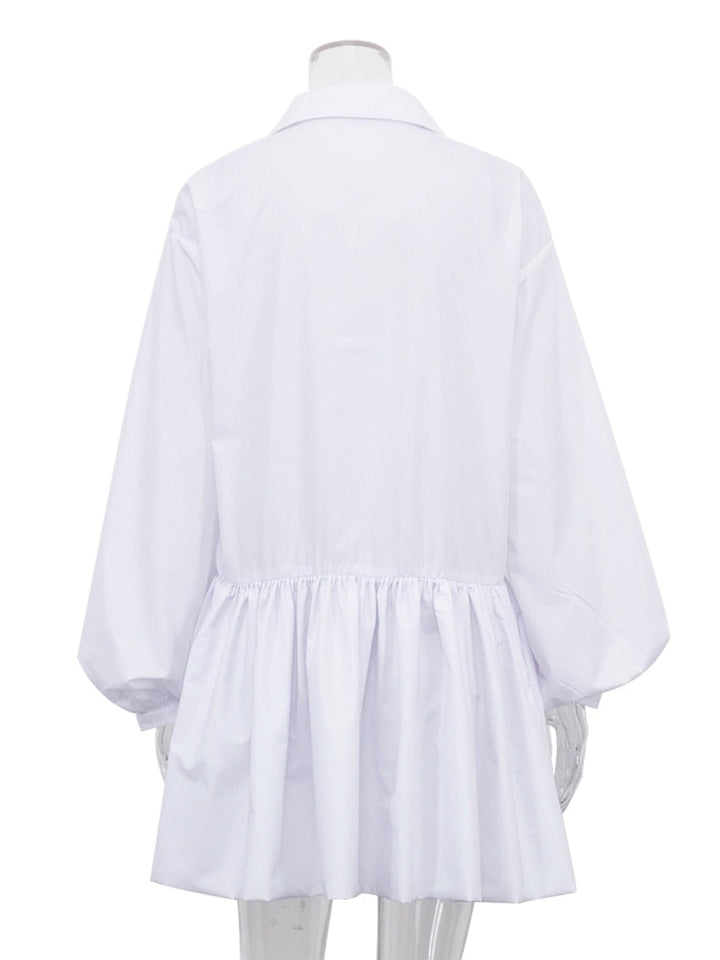 Lapel Puff Sleeve Airy Loose Pleated Mini Dresses - Gen U Us Products